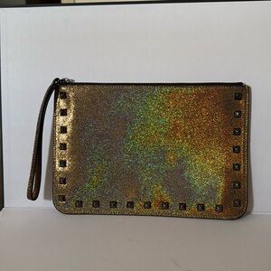REBECCA MINKOFF | Studded Glitter Metallic Gold Kerry Pouch Wristlet Clutch